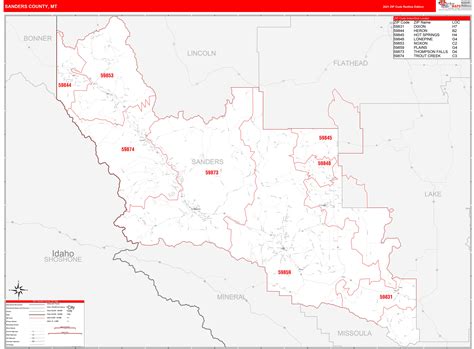 Sanders County Mt Zip Code Wall Map Red Line Style By Marketmaps