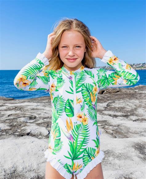 Girls Long Sleeve Swimsuit Sun Safe Swimwear For Girls Tribe Tropical