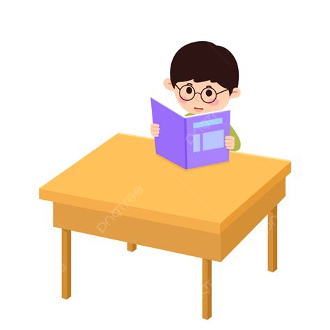 Elemento De Dibujos Animados De Niño Leyendo Un Libro En La Mesa Png