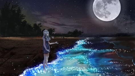 1920x1080 Anime Girl At Seashore Dark Moon Laptop Full Hd 1080p Hd 4k