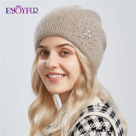 Enjoyfur Women Winter Hats Thick Warm Angora Wool Knitted Beanie Caps