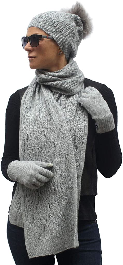 Womens 100 Cashmere Cable Knit Scarf Pom Pom Hat And Gloves Set For