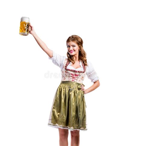 Woman In Traditional Bavarian Dress Holding Beer Stock Image Image Of
