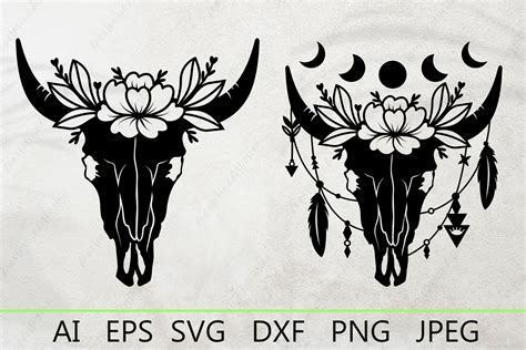 Cow Skull Feathers Svg Cow Boho Skull With Flowers Svg Files By Ananas Thehungryjpeg