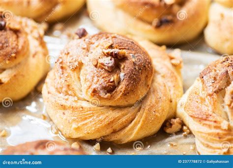 Freshly Baked Nuts And Cardamom Sweet Buns Yeasted Pastry And Cozy