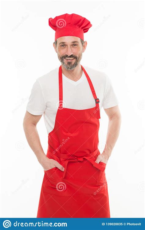 He Is A Fine Hand At Cooking Senior Cook With Beard And Moustache Wearing Bib Apron Stock Image