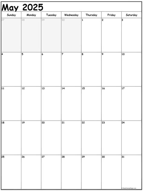 May 2025 Vertical Calendar Portrait