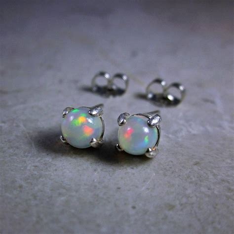 Genuine Fire Opal Stud Earrings Round Opal Earrings Rainbow Etsy