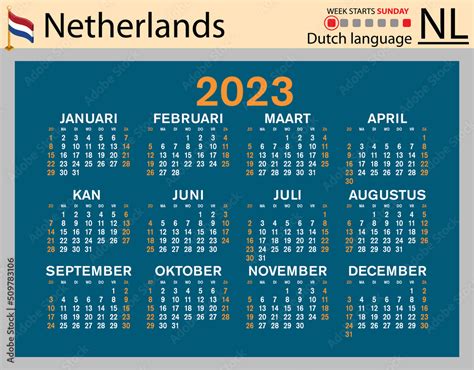 Dutch Horizontal Pocket Calendar For 2023 Week Starts Sunday Stock