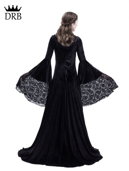 black gothic medieval vampire hooded dress costume uk