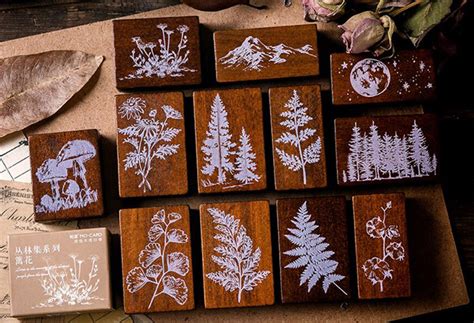 Forest Wooden Rubber Stamp Forest Plants And Leaves Etsy