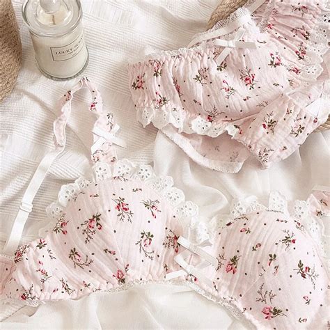 wriufred floral yarn cotton lingerie and underpants set no steel ring triangle cup bra lace bow