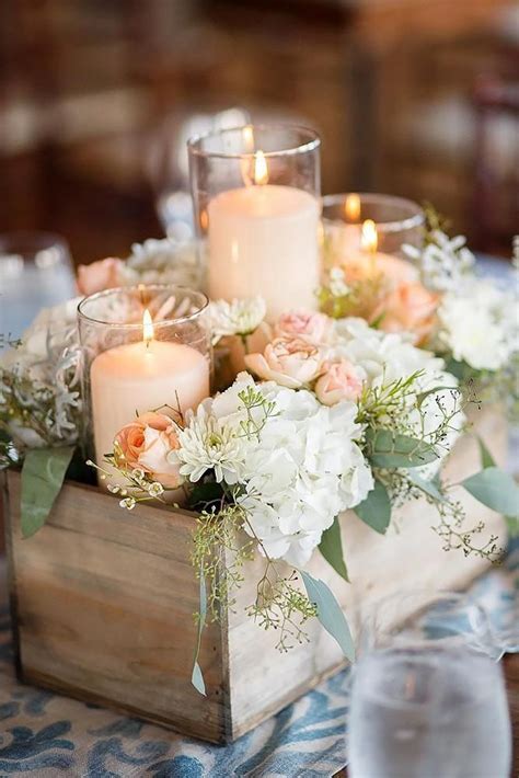 Rustic Wedding Décor Wooden Crate Centerpiece With Flowers And Candles