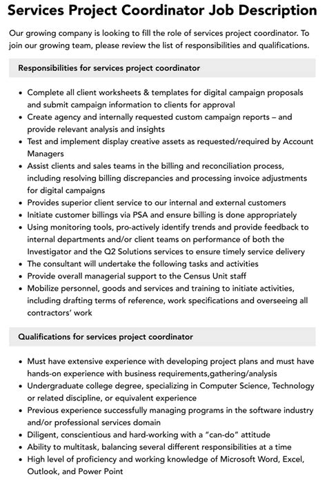 Services Project Coordinator Job Description Velvet Jobs