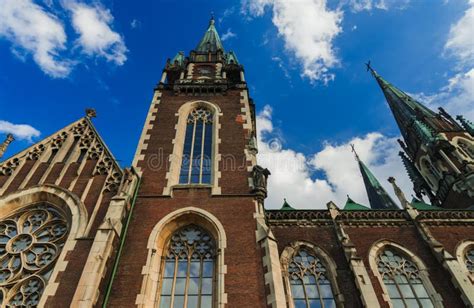 Gothic Church High Towers Brick Walls And Arch Shape Windows Middle