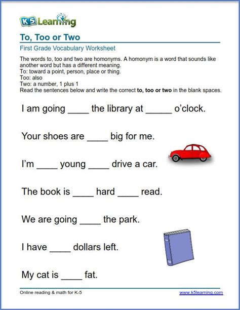 Grade 1 Vocabulary Worksheet Use Of To Too Or Two K5 Learning