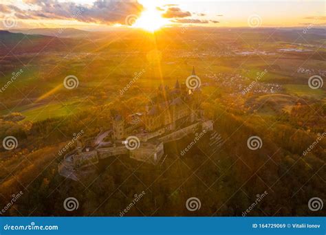 Aerial View Of Hohenzollern Castle During Bright Sunset Germany In The
