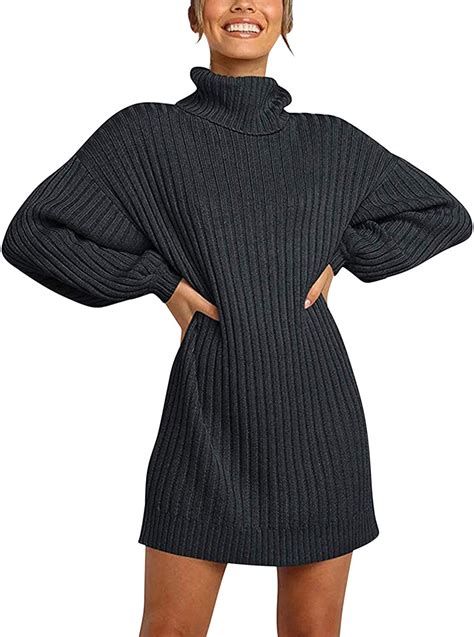 Startreene Womens Knit Turtle Neck Sweater Dress Long Lantern Sleeve
