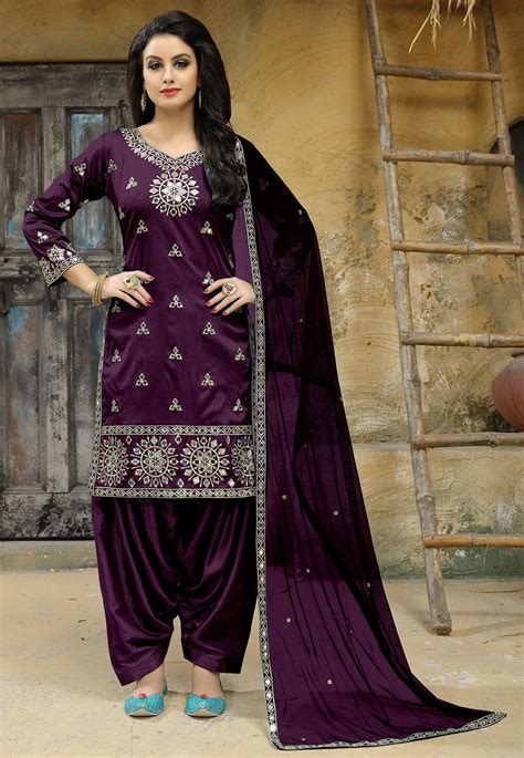 Embroidered Art Silk Punjabi Suit In Violet Punjabi Dress Patiala