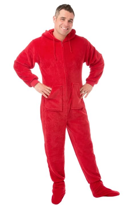 Red Plush Hooded Adult Footed Pajamas Footie Drop Seat Mens Womens Pjs