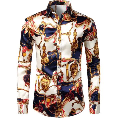 Mens Silk Dress Shirt Luxury Printed Long Sleeve Silk Shirts