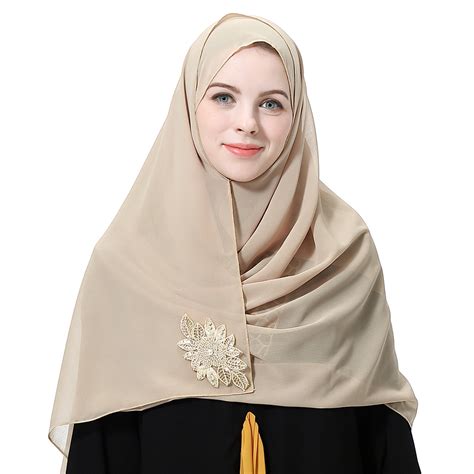 Muslim Women Chiffon Scarf Head Wrap Islamic Beaded Hijab Shawl Amira Headscarf Ebay