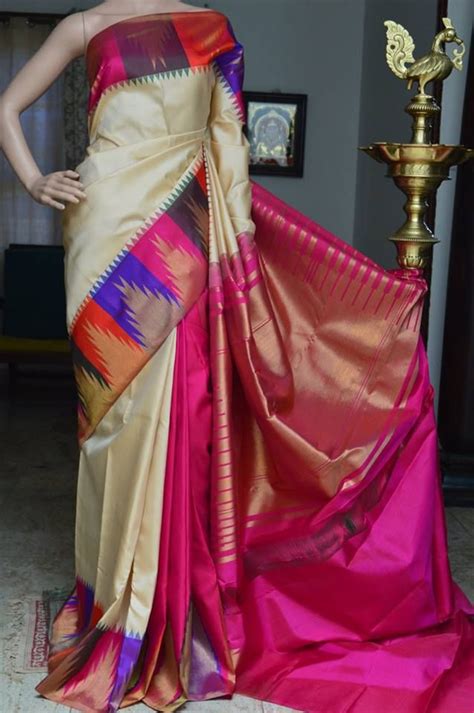 Horlicks Colour Pure Kanchipuram Silk Saree With Multicolour Temple Border With Pink Partly