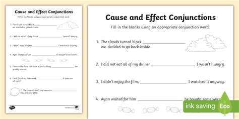 Cause And Effect Conjunctions Worksheet Teacher Made