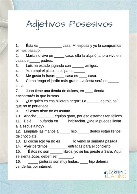 Possessives In Spanish Spanish Worksheets Spanish Exercises