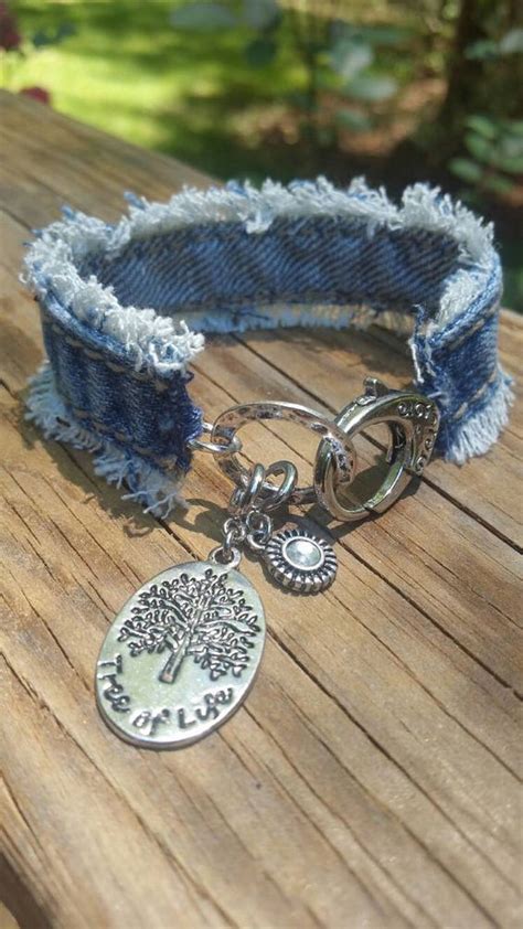 Frayed Denim Bracelet With Tree Of Life Charm Jewelry Denim