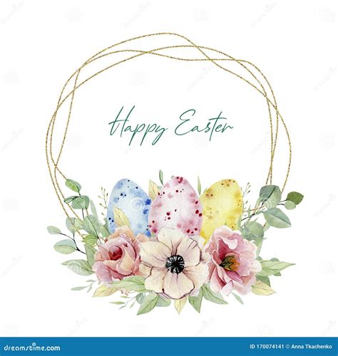 Watercolor Happy Easter Egg With Botanical Flowers Wreath Cute Banner