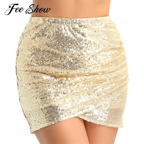 Feeshow Women Ladies Fashion Short Shiny Sequins Bodycon Mini Skirt Above Knee Sexy Women Skirt