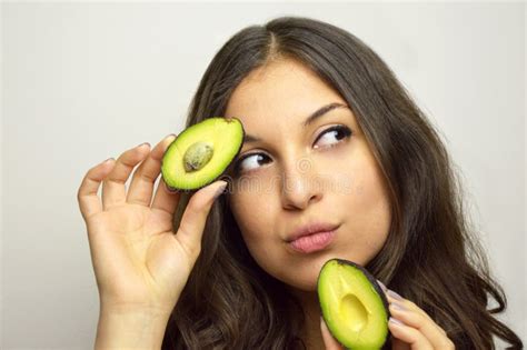 Portrait Of Attractive Girl With Avocado Healthy Fruit Stock Image Image Of Eyes Health 92687101
