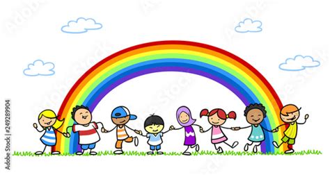 Multikulturelle Gruppe Kinder Unter Regenbogen Stock Illustration