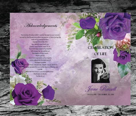 Funeral Program Template Violet Purple Roses Memorial Etsy