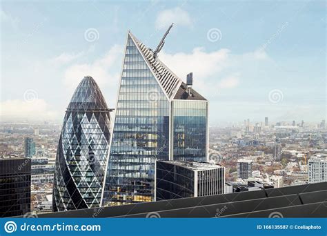 Cityscape Of Gherkin Building With Blue Sky At Central London Editorial