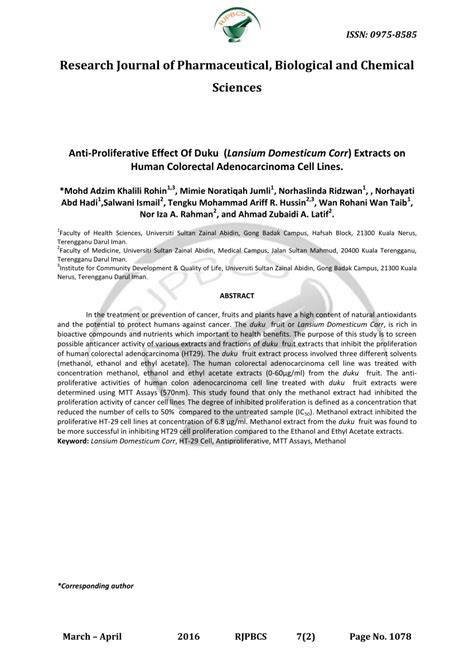 PDF Anti Proliferative Effect Of Duku Lansium Domesticum Corr