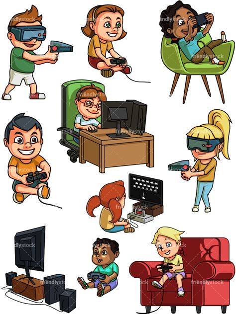 Kids Playing Video Games Cartoon Clipart Vector
