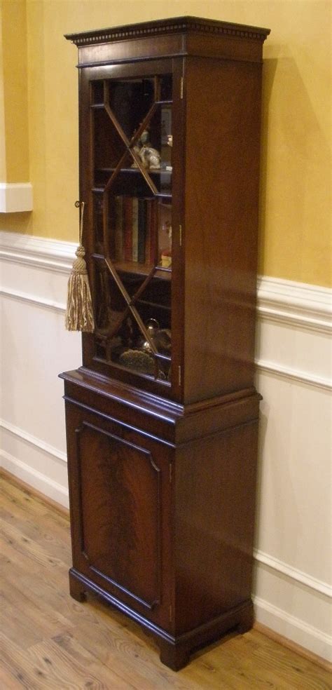 On sale free standing, small wood curio cabinet with round glass and door, apothecary cabinet, wall hanging, 3 tiered cabinet. Vintage English Flame Mahogany Small Curio Cabinet ...