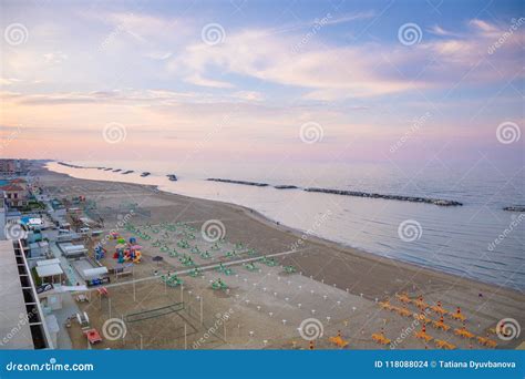 A Beach In Adriatic Sea In Rimini At Sunset Time Italy Stock Photo