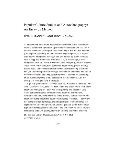 Pdf Popular Culture Studies And Autoethnography An Essay On Method