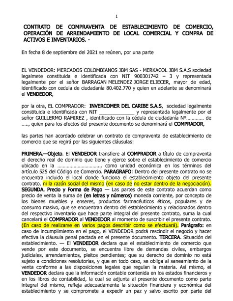 Modelo Contrato De Compraventa Establecimiento De Comercio Megatienda