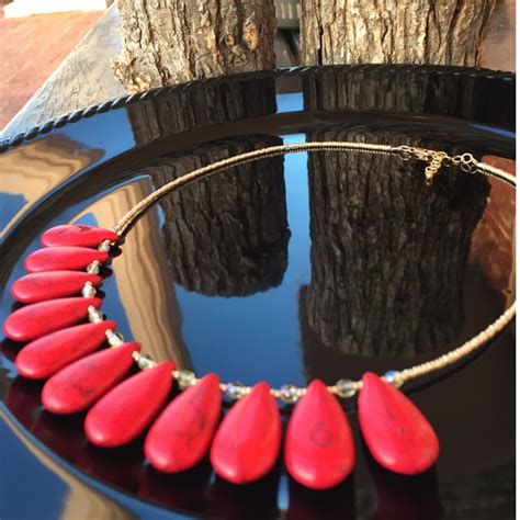 Viewing Red Turquoise Gold Statement Beaded Necklace Left