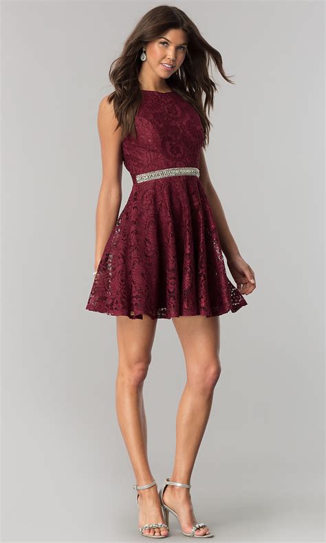 Jeweled-Waist Short Burgundy Red Lace Party Dress