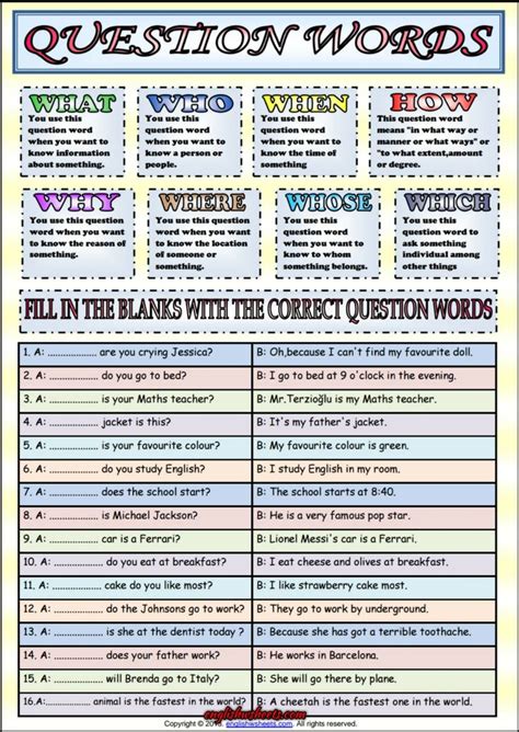 Question Words ESL Grammar Exercise Worksheet | Aulas de ...
