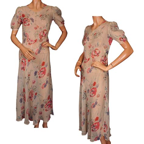 Vintage 1930s Silk Chiffon Dress With Floral Print Size S M Poppys