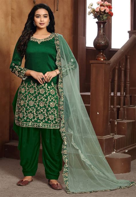 Embroidered Art Silk Punjabi Suit In Dark Green In 2021 Green Silk Embroidered Silk Dresses