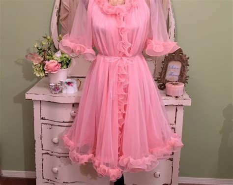 50s 60s Chiffon Candy Nightgown Set 1950s Pink Sheer Peignoir Ruffle