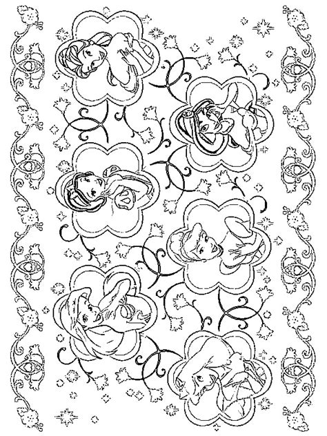 Kleurplaat van disney prinsessen met daarin doornroosje, assepoester, sneeuwwitje, ariel, belle en jasmin. Kids-n-fun | 33 Kleurplaten van Disney Prinsessen