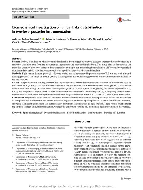 Biomechanical Investigation Of Lumbar Hybrid Stabilization In Two Level